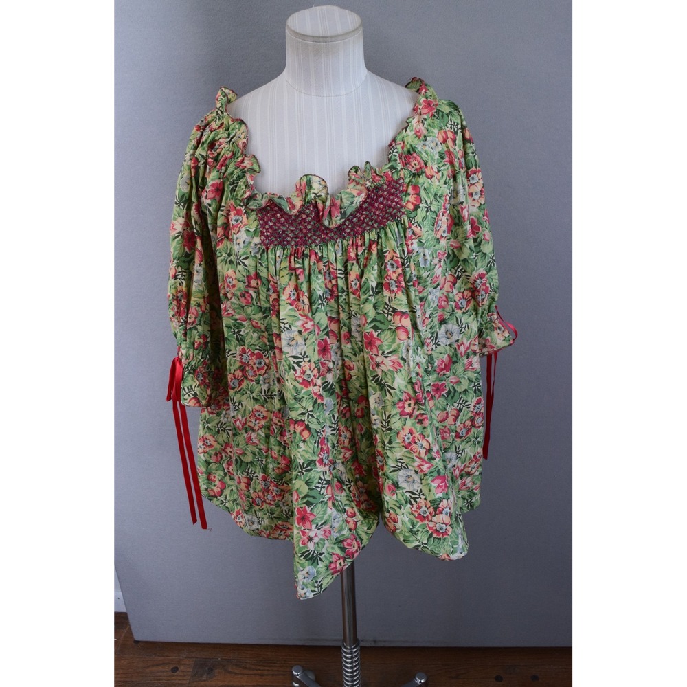 Juliet Dunn Green Floral Smocked Peasant Blouse with Pink and Red Accents